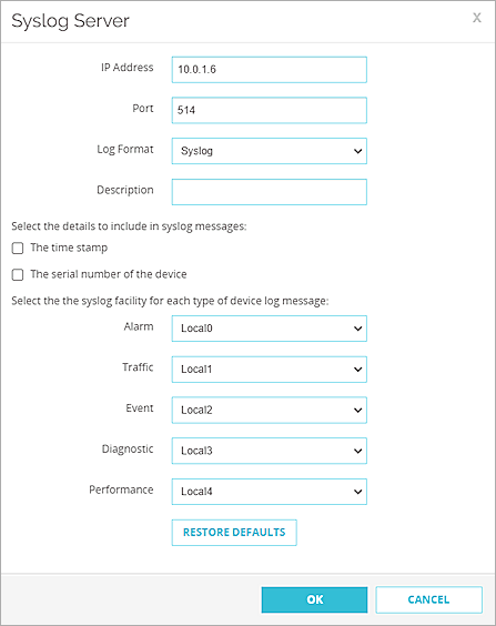 Screenshot of the Syslog Server dialog box in Firebox Cloud
